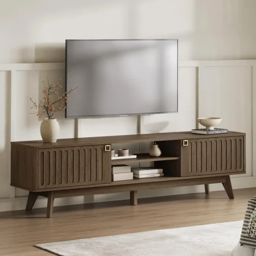 70" Long TV Stand for Living Room, Modern TV Stand Entertainment Center with 2 Storage Cabinets, Mid Century, Customized