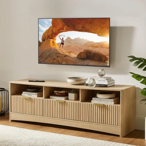 TV Stand for 50-65" TV, Fluted Modern Stand Entertainment Center with Drawers and Open Shelf, Waveform Panel,Customized