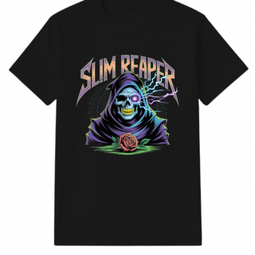 Slim Reaper Grim Reaper Skull With Lightning And Rose Artwork T-Shirt