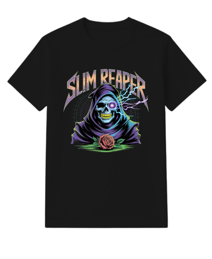 Slim Reaper Grim Reaper Skull With Lightning And Rose Artwork T-Shirt