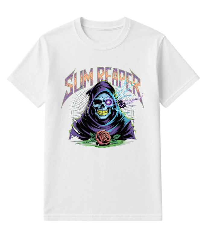 Slim Reaper Grim Reaper Skull With Lightning And Rose Artwork T-Shirt - Image 3